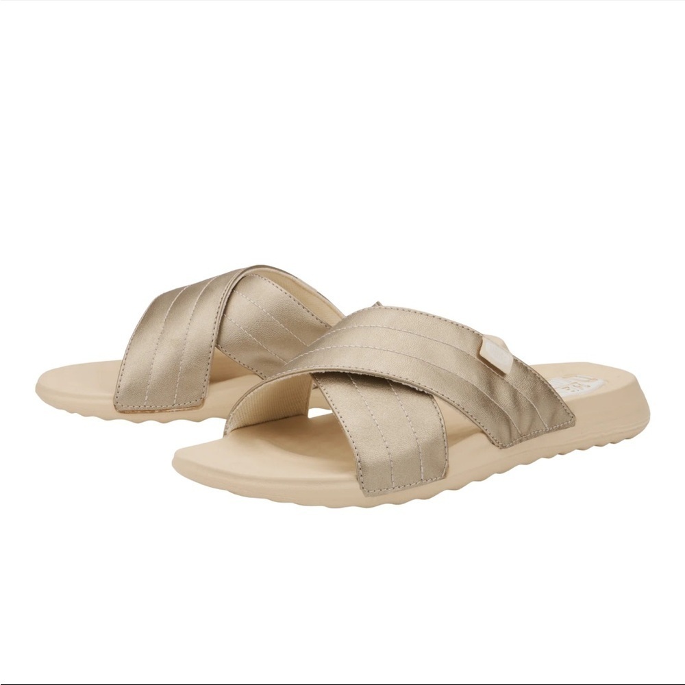 Hey Dude Metallic Gold Crisscross Slide Sandals